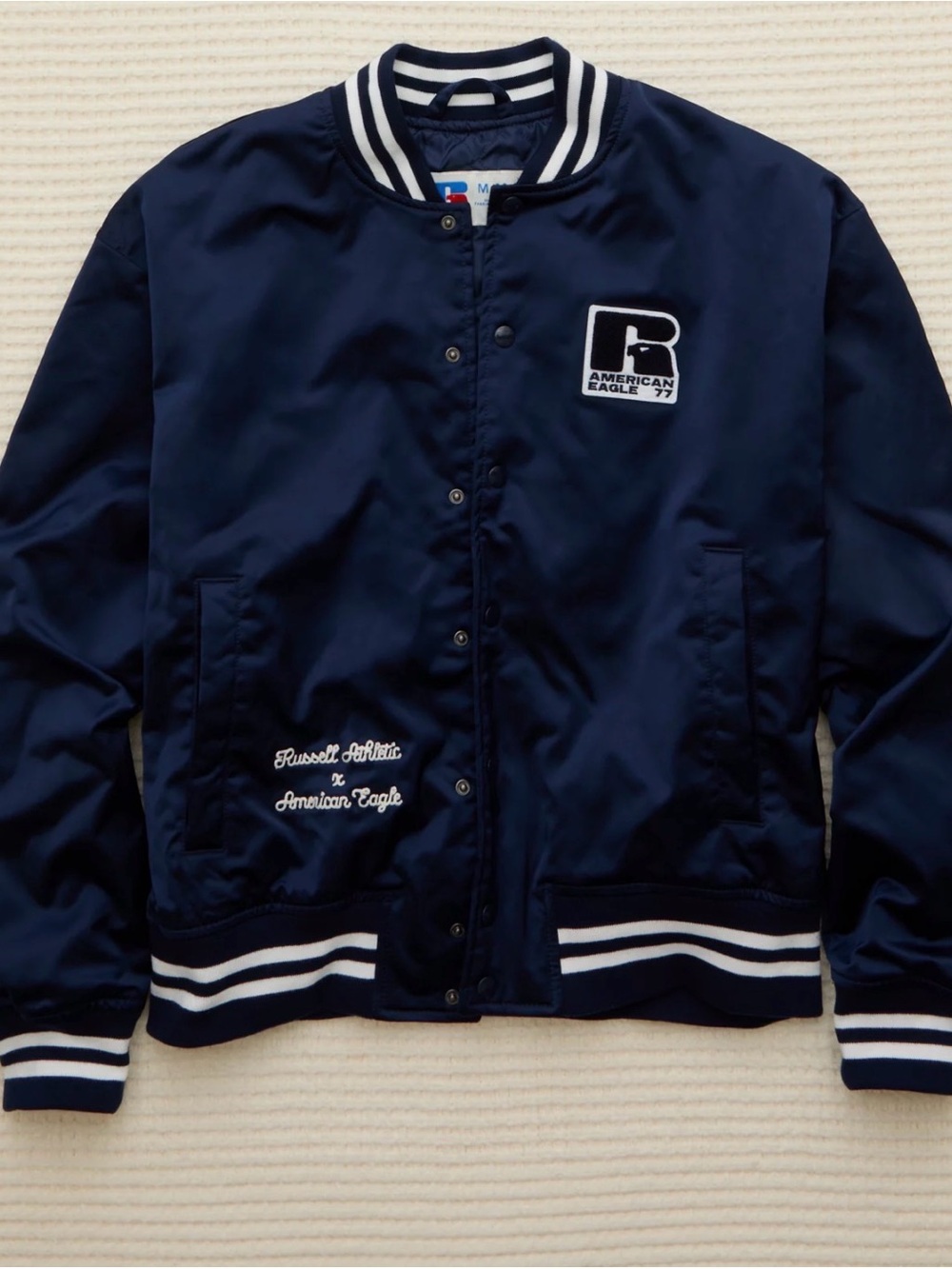 American Eagle Outfitters Navy and White Varsity Bomber Jacket